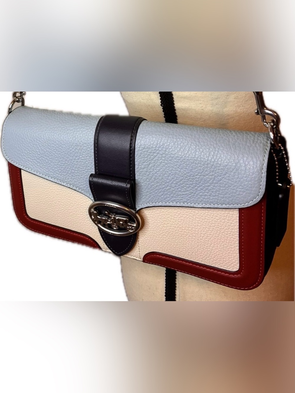 Coach Colorblock Leather Bag — Light Blue, Cream & Red